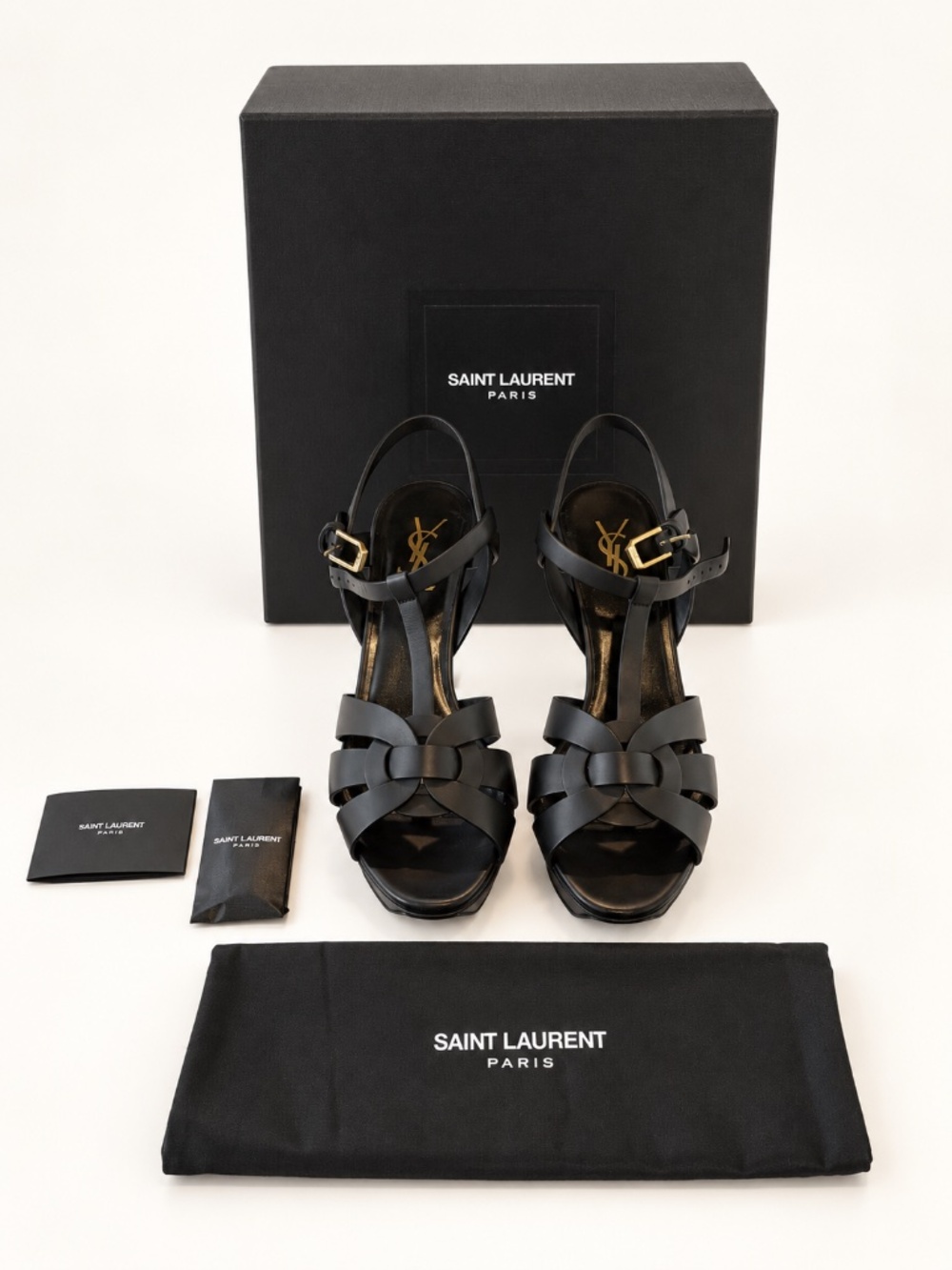 Authentic Saint Laurent YSL Tribute Black Leather Platform Heels Sandals EU 39.5